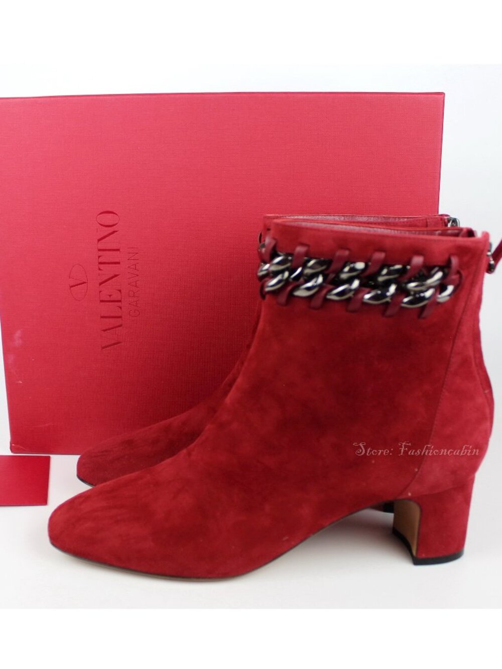New Valentino Garavani Suede Booties with Chain, Red, EU 37 Designer Ankle Boots